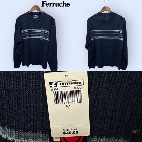 094 Ferruche | $40 NWT Men Navy Striped Ribbed Sweater (Size M) - Picture 1 of 9